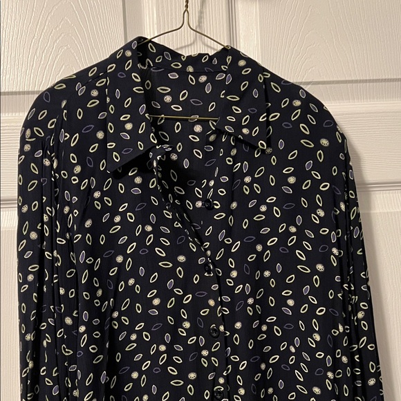 Tops - Elegant woman’s Dark Navy blue button down blouse with Leaf Design
